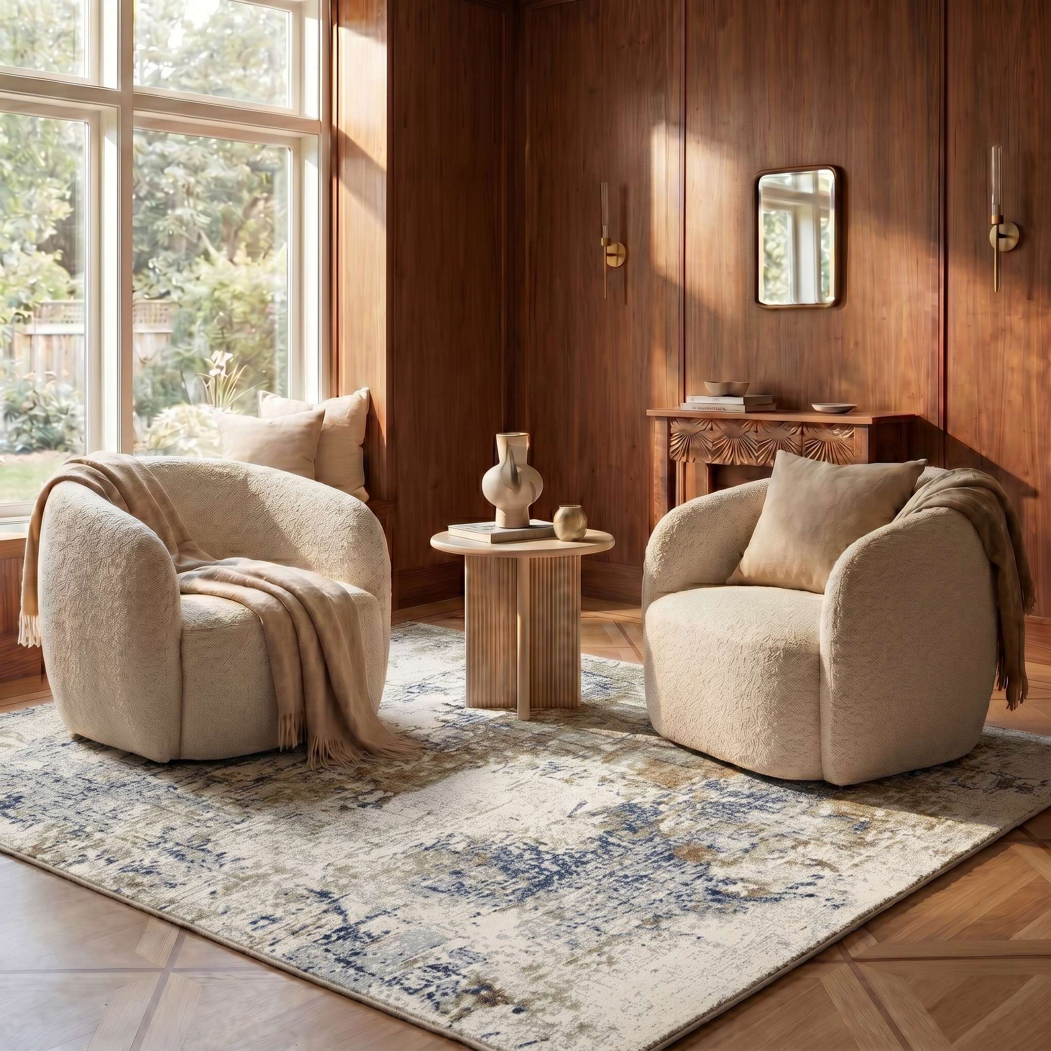 Abstract Ivory & Blue Modern Area Rug | Premium Contemporary Designer Carpet